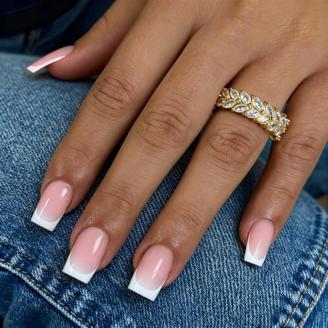 White French Tip Press-On Nails – Short Square, Natural Thick Finish (30 Pcs)